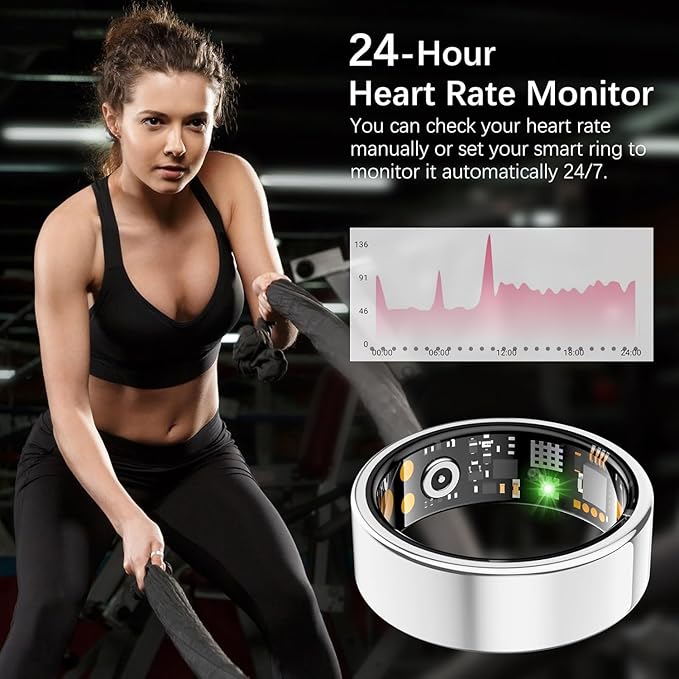 Ring Health Tracker for Women Men, Fit Ring with Heart Rate, Blood Oxygen, Sleep Monitor, Calories, Step Counter, IP68 Waterproof Smart Ring for iPhone & Android, No Subscription Fee (Silver, 10#)