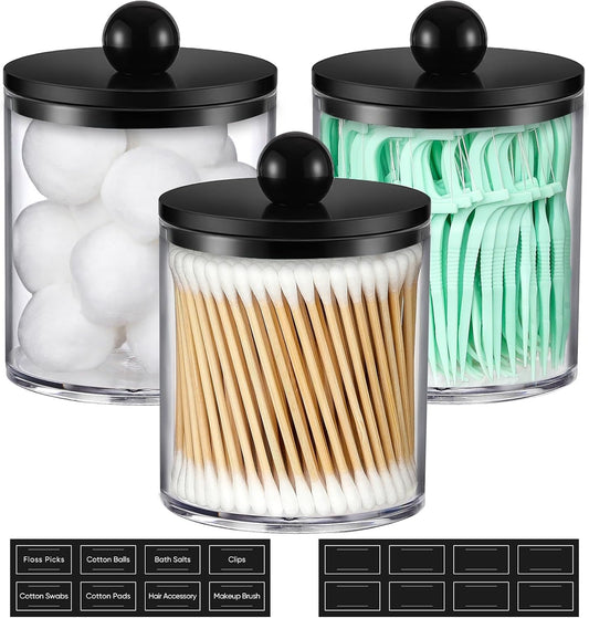 Skiennix Acrylic Qtip Holder Dispenser - 3 Pack Cotton Swab & Makeup Organizer Set | Clear & Black