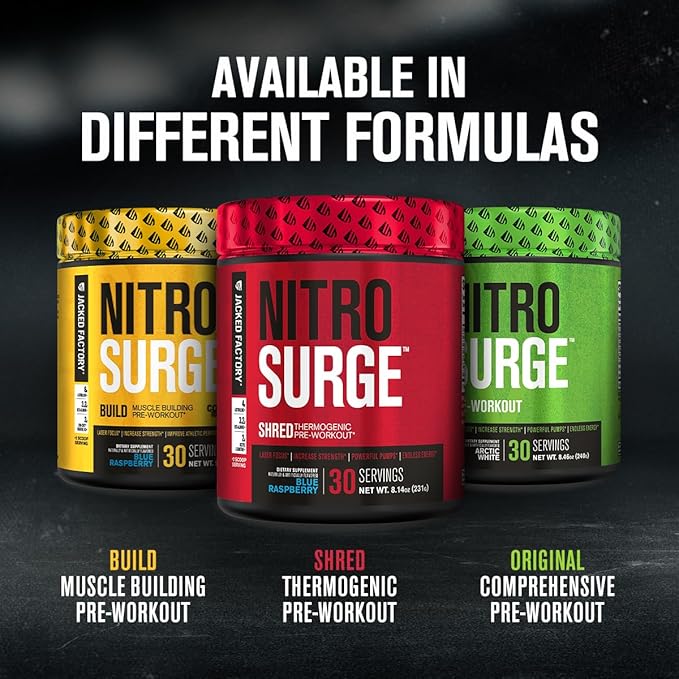 Jacked Factory NITROSURGE Shred Pre Workout Supplement - Energy Booster, Instant Strength Gains, Sharp Focus, Powerful Pumps - Nitric Oxide Booster & PreWorkout Powder - 30Sv, Blueberry Lemonade