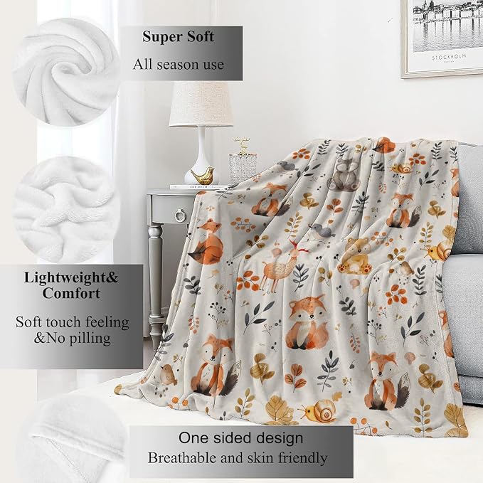 Cute Woodland Animal Blanket,Cartoon Fox, Owl, and Deer Throw Blankets,Gifts for Kids & Animal Lovers,Lightweight Soft Fleece,for Picnic Sofa Couch Bed Room Travel,Birthday Decor,60x80in