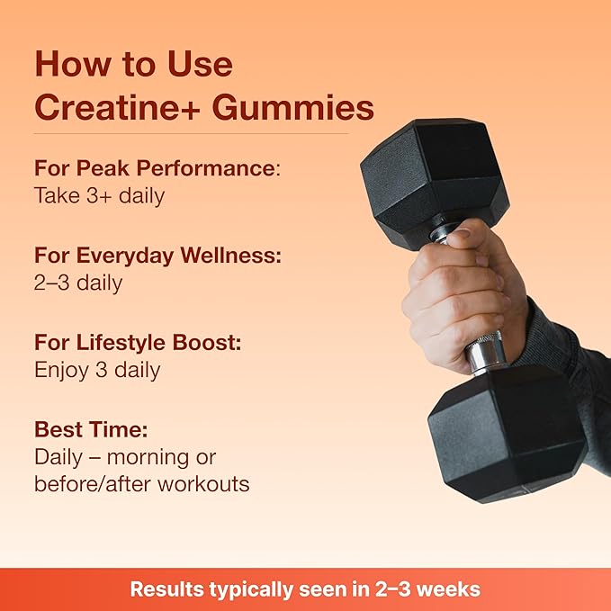 Creatine Gummies for Men & Women - Creapure® Creatine Monohydrate, L-Theanine, L-Tyrosine & B12 for Muscle Growth, Strength, Focus, Energy & Health - Low Calorie, Sugar-Free, & Vegan