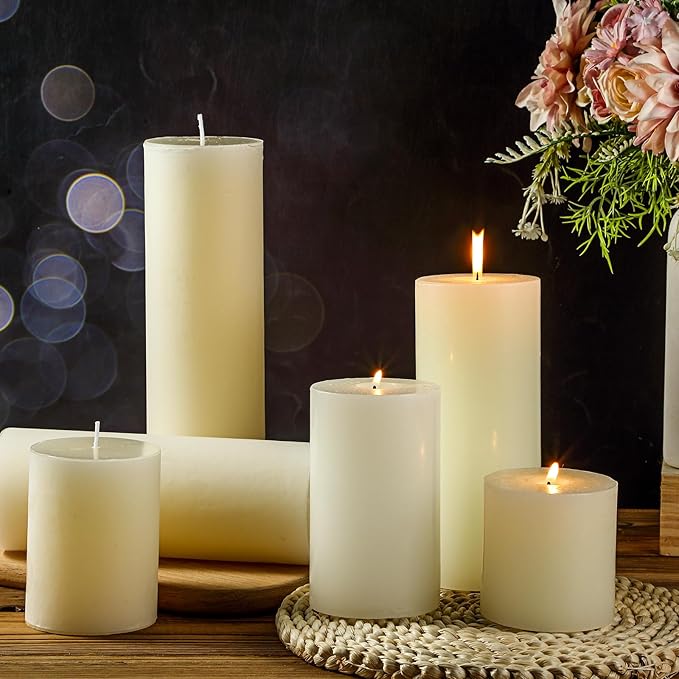 Shihanee 36 Pcs Pillar Candles 3 in x 3,4,5,6,8,10 Dripless Unscented Smokeless Candle Long Burning Decorative Rustic Candles with Cotton Wick for Wedding Home Fireplace (Ivory White)