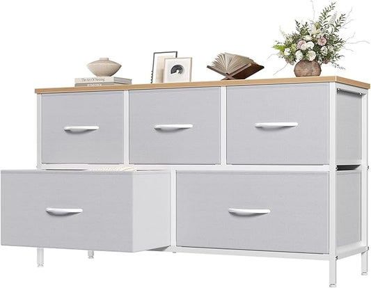 OLIXIS Dresser for Bedroom with 5 Drawers, Wide Chest of Drawers, Fabric Bedroom Dresser with Drawer Organizer, Storage Organizer Unit with Fabric Bins for Closet, Living Room, Hallway, Light Grey