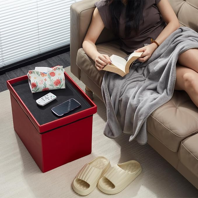 AmasSmile Red Storage Ottoman Folding Foot Rest Stool with Side Pocket, 16 inch Leather Footstool Bench, Short Ottoman Bench, Storage Foot Rest Store, Books
