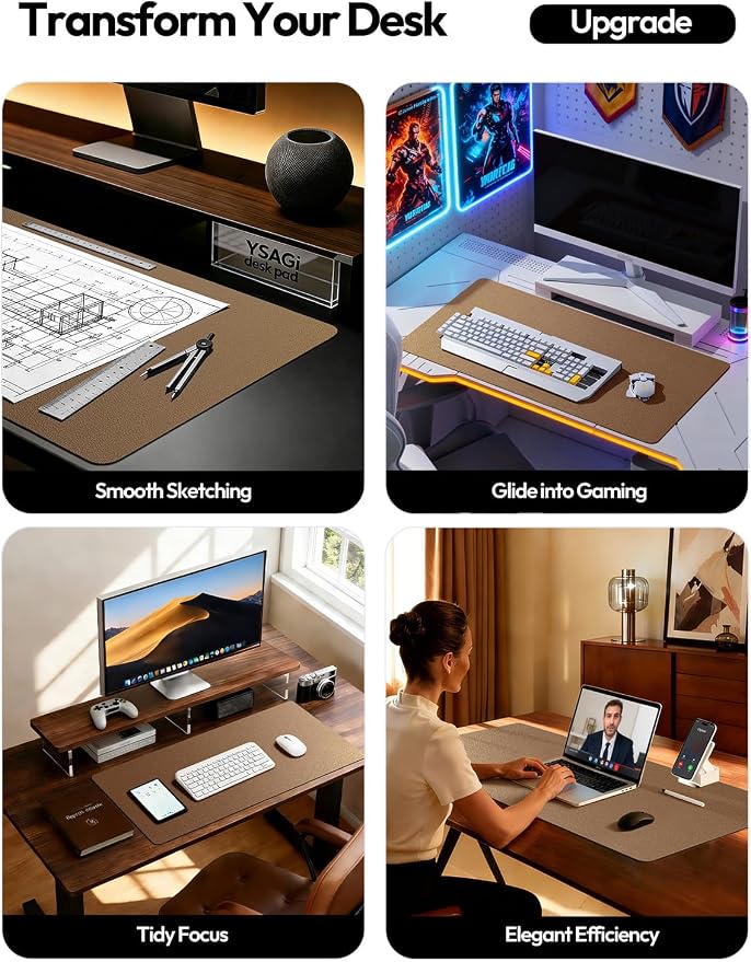 YSAGi Leather Desk Protector, Office Mat, Large Mouse Mat, Non-Slip PU Leather Blotter, Laptop Desk Mat, Waterproof Writing Pad for Office and Home(Shiny Bronze, 63" x 17.2")