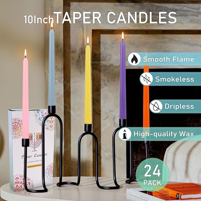 24 Colored Taper Candles, 7-8 Hours Burn Time, Unscented, Smokeless and Dripless, 0.75 x 10 Inch Dinner Candle Set for Household, Wedding, Party and Home Décor Candlesticks