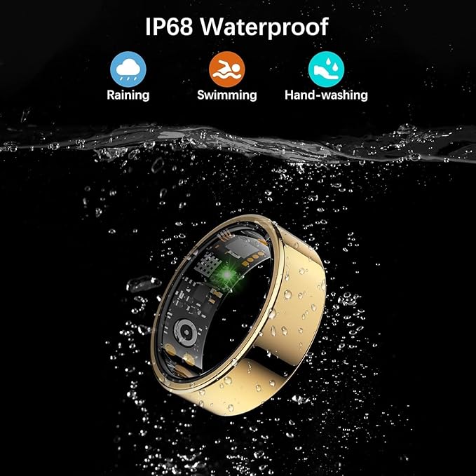 Smart Health Ring for Women Men, Fitness Tracker Ring with Heart Rate, Blood Oxygen, Sleep Tracker, Step Tracker, No Subscription Fee, IP68 Waterproof Smart Ring for iPhone & Android (Gold, 13#)