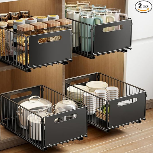 Mustorn 2 Pack Pull Out Cabinet Organizer, Slide Out Drawers for Cabinets, Peel and Stick, Heavy Duty Shelves for Kitchen, Cupboard, Pantry, Bathroom (14.76" D*9.65" W*7.87" H-Black)