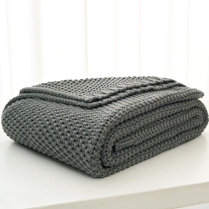 Longhui bedding Chunky Cable Knit Throw Blanket Lightweight Grey 100% Organic Cotton Blanket for Sofa Couch Bed Baby Nursery, Rustic Shabby Chic Modern Farmhouse, Gray 51” x 63” Give Laundering Bag