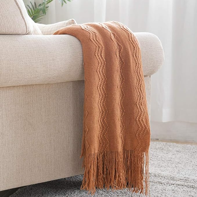 BOURINA Almond Throw Blanket 50x60 Inches Throw Textured Solid Soft Sofa Couch Decorative Knit Blanket