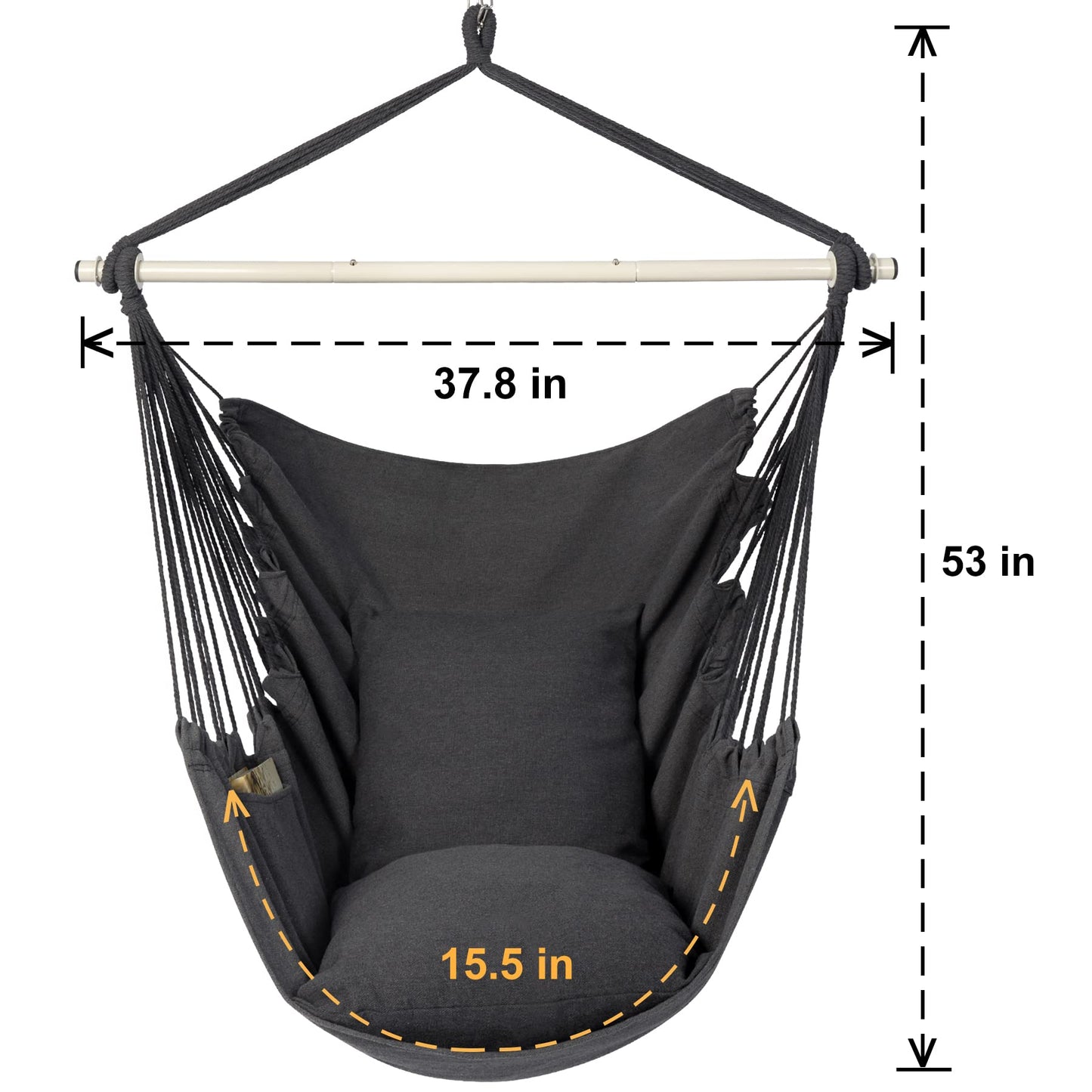 Y- STOP Hammock Chair Hanging Rope Swing Chair, Max 500 Lbs, 2 Seat Cushions Included, Removable Steel Spreader Bar with Anti-Slip Rings, Hardware kit-for Indoor Outdoor(Dark Grey) pcs