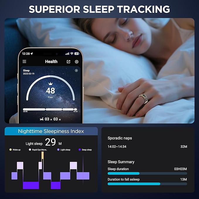 Smart Ring Health Tracker with Display Screen, Sleep Tracker with Heart Rate, Fitness Ring Step Tracker for Activity Monitoring/Steps/Calories,Wireless Charging, for iOS Android (Silver,10#)