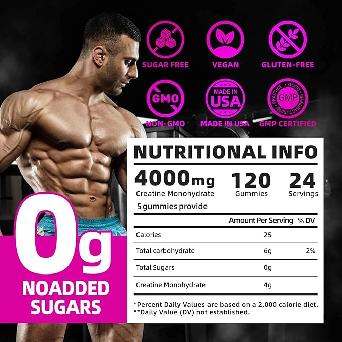 Flavored creatine monohydrate gummies sugar free,Pre workout supplements creatine gummies for men&women,Gym supplements,Supports muscle growth,Recovery,Strength,Energy Boost（120 count）-watermelon