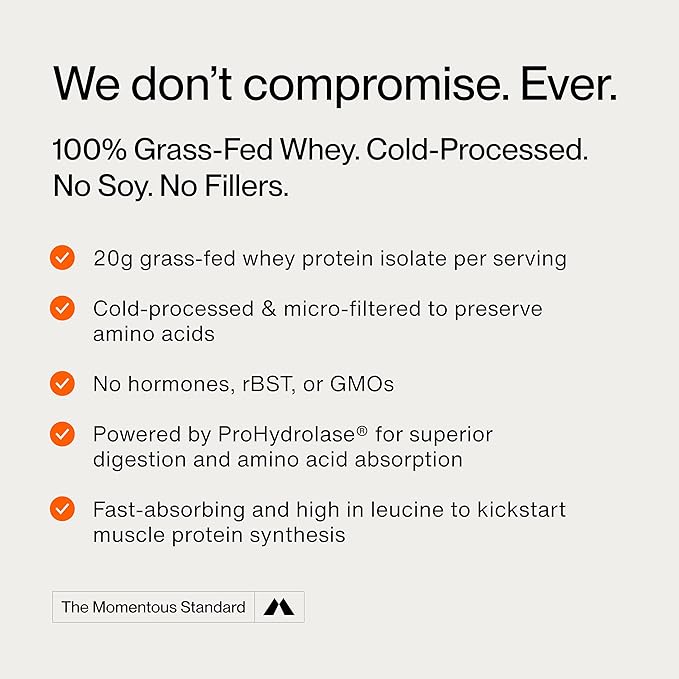 Momentous Essential Grass-Fed Whey Protein Powder - 20 g Whey Isolate Protein - NSF Certified for Sport - Gluten-Free - 24 Servings for Everyday Use - Chocolate - Package May Vary