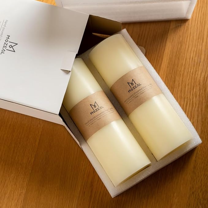 MOZEAL 4" x 12" Extra-Large Gold Pillar Candles (Set of 2), Unscented,Dripless, Smokeless,Long Clean-Burning,These Tall 12 inch Large Gold Pillar Candles Perfect for Weddings and Christmas Decor