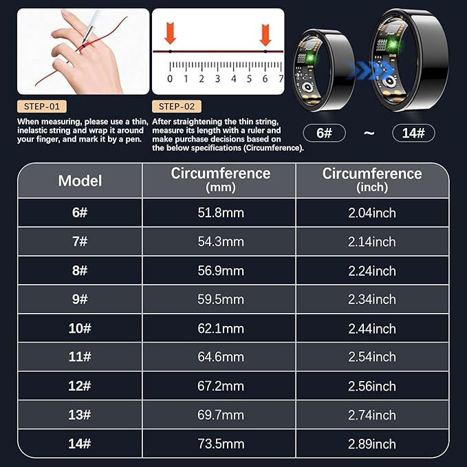 Smart Health Ring for Women Men, Fitness Tracker Ring with Heart Rate, Blood Oxygen, Sleep Tracker, Step Tracker, No Subscription Fee, IP68 Waterproof Smart Ring for iPhone & Android (Black, 8#)