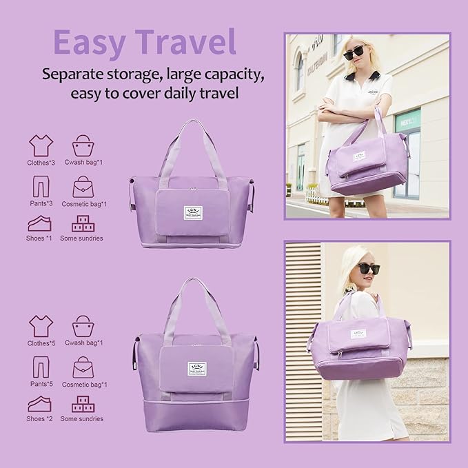 Expandable Travel Duffel Tote Bag - Foldable Overnight Weekender, Carry-On, Swim & Gym Bag - Fits Spirit Airlines Personal Item Size - Lightweight, Waterproof & Durable with Trolley Sleeve,Purple