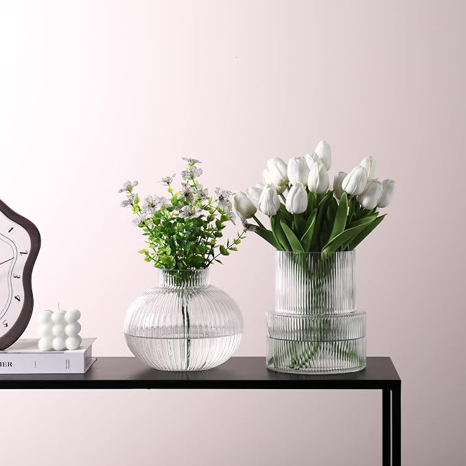 Ribbed Glass Vases, Set of 2 Fluted Vases for Flowers, Clear Glass Vase for Tulips, Modern Vase for Living Room, Kitchen, Office, Entryway, Mantle, Bookshelf, Wedding Gifts, Birthday