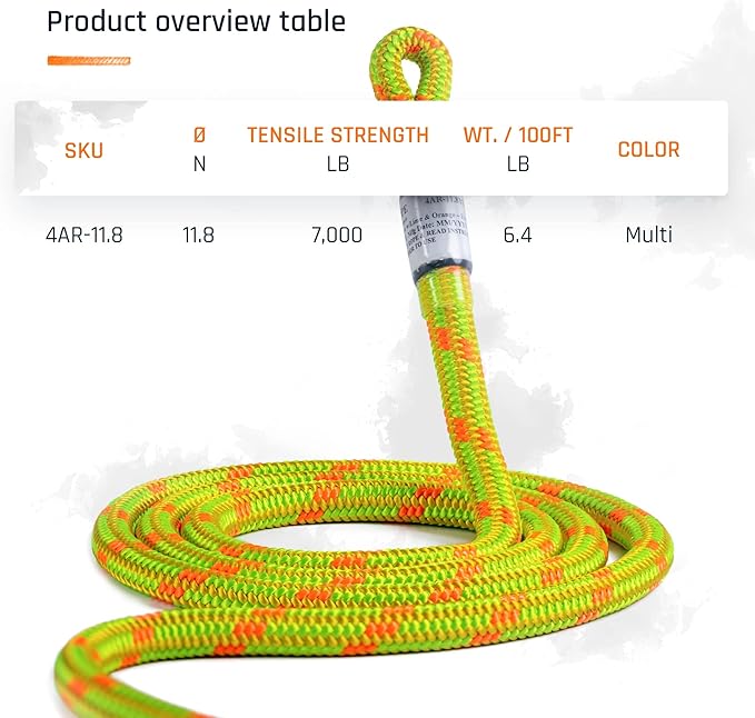 Pelican Rope Arborist Rope 11.8mm x 120Ft, USA Made High-Strength 24-Strands Static Climbing Rope - 5,400 lb Strength for Tree Climbing, Pulling, Outdoors & Swing - Viper, Tight Spliced Eye