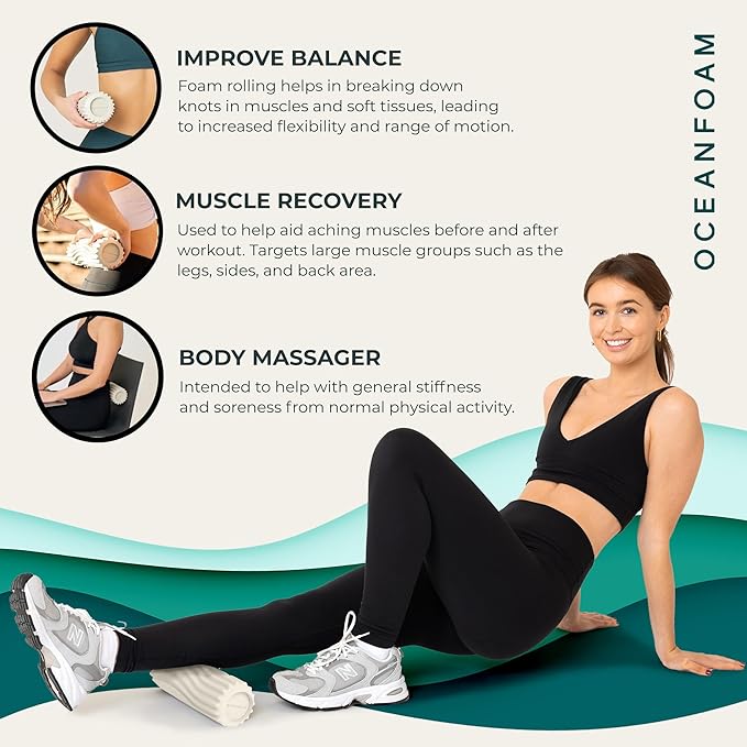 Oceanfoam Ripple Travel Foam Roller (11" x 3.35") Firm Mini Foam Roller for Physical Therapy, Deep Tissue Massage, Back Pain - High Density, Ergonomic Wave Textured - Yoga, Pilates, Exercise (Natural)