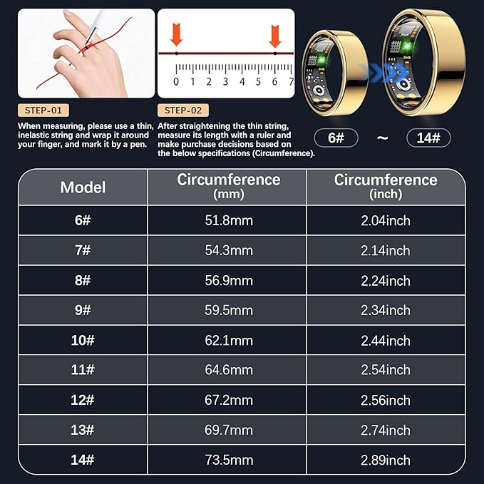 Smart Health Ring for Women Men, Fitness Tracker Ring with Heart Rate, Blood Oxygen, Sleep Tracker, Step Tracker, No Subscription Fee, IP68 Waterproof Smart Ring for iPhone & Android (Gold, 11#)