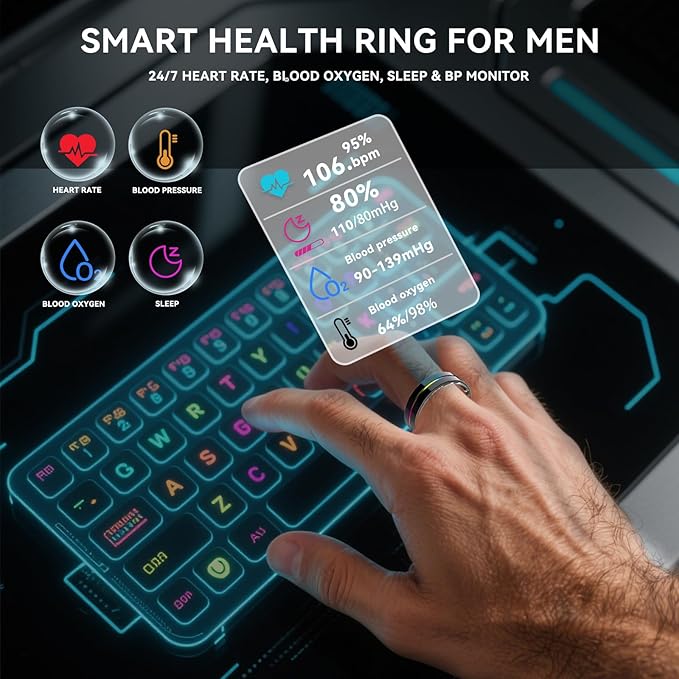 Smart Ring for Women Men,Health Fitness Tracker with Sleep/Blood Pressure/Oxygen Monitoring, Heart Rate & Activity Tracking,IP68 Waterproof, 7-Day Battery,No Subscription Fee 3-Black 8