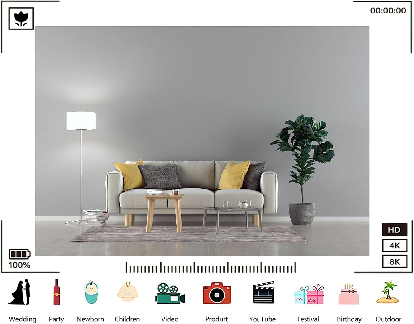 TryKid 8x6ft Modern Living Room Backdrop Beige Sofa Yellow Pillows Fiddle Leaf Fig Minimalist Interior Photography