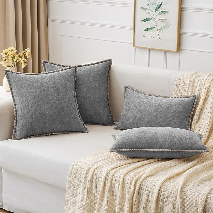MIULEE Pack of 2 Lumbar Throw Pillow Covers 12x20 Inch Dark Gray Farmhouse Decorative Pillow Covers with Stitched Edge Soft Chenille Solid Dyed Pillow Covers for Couch Sofa Bed Living Room