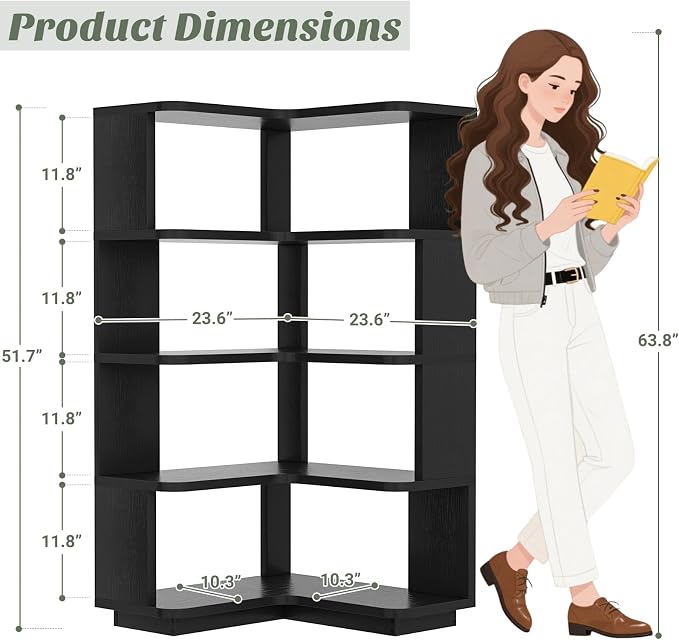 Armocity Corner Book Shelf - 5 Tier Corner Bookshelf Etagere Bookcase with Baffle, Freestanding L Shaped Display Shelf Stand for Home Office, Living Room, Bedroom, Kitchen, Black