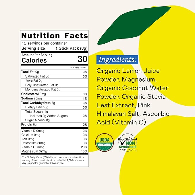 Organic Hydration Electrolyte Drink Mix, Certified Organic Hydration Powder, Non-GMO, Biochecked Glyphosate Free, Low Sugar, Lemonade Flavor, No Artificial Flavors,12 Stick Packs