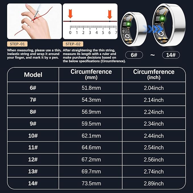 Ring Health Tracker for Women Men, Fit Ring with Heart Rate, Blood Oxygen, Sleep Monitor, Calories, Step Counter, IP68 Waterproof Smart Ring for iPhone & Android, No Subscription Fee (Silver, 10#)