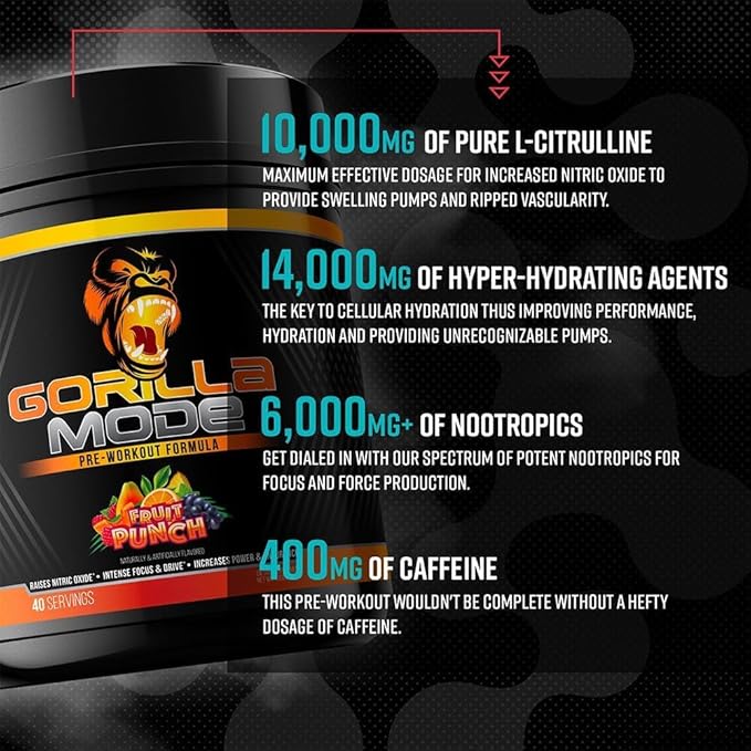 Gorilla Mind Pre Workout - Massive Pumps Laser Focus Energy Power - L-Citrulline, Creatine, L-Tyrosine, Betaine, Hydroprime, Alpha-GPC, 400mg Caffeine, Huperzine A - 792g (Blue Raspberry)