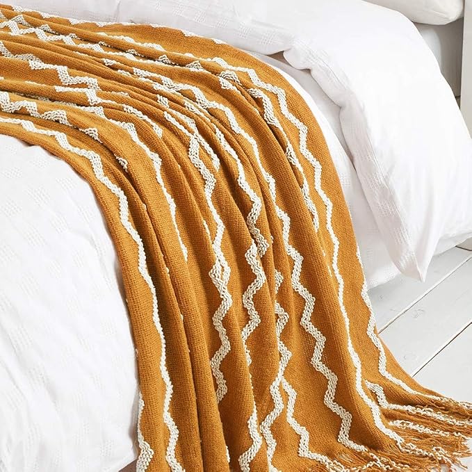 BOURINA Fluffy Chenille Knitted Fringe Throw Blanket Lightweight Soft Cozy for Bed Sofa Chair Throw Blankets, 60" x 80",Mustard