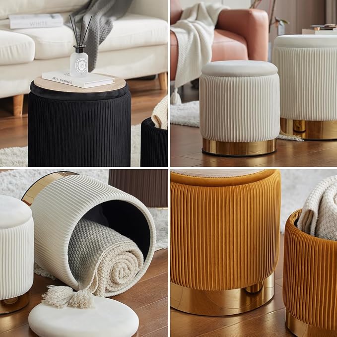 YYW HOME Round Ottoman Storage Set of 2 Velvet Ottoman for Living Room Small Foot Stool Small Coffee Table Vanity Stool with Storage for Bedroom Bedroom (Light Gray)