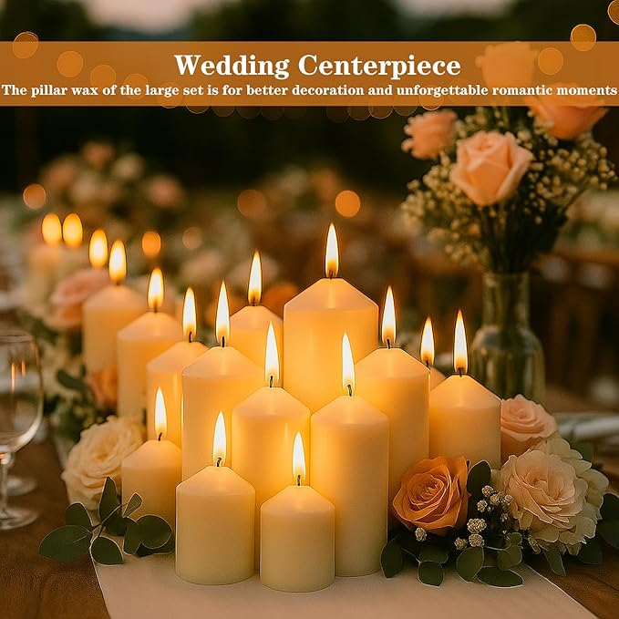 Ivory Pillar Candles Bulk Set of 12ï¼? Different Lengths 3 x 3/6/8 Inch (4 Each)，Hurricane Candles，Dripless Unscented Smokeless，Gives You a Better Atmosphere When Organizing an Event Party.