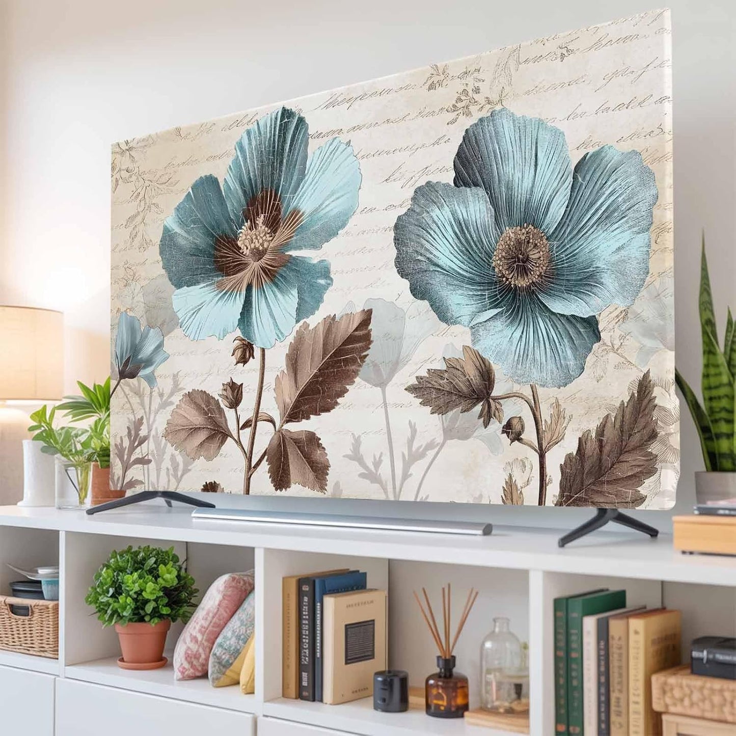 Yukro 85 Inch, 74"x42" Rustic Blue Indoor TV Dust Cover, Broccoli Flower Leaf Farmhouse Vintage Brown Elastic TV