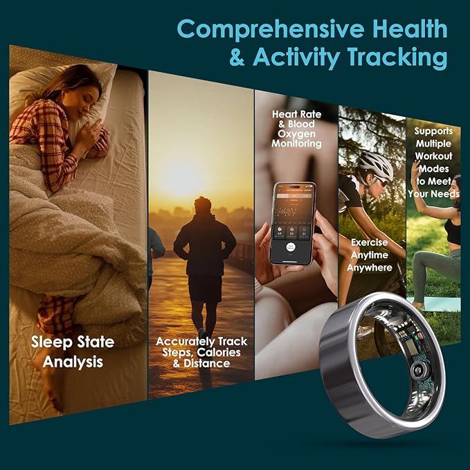 Smart Ring Health Monitoring 5ATM Waterproof Fitness Tracker with Glossy Titanium Surface Blood Oxygen/Sleep/Stress Tracking Women?™s Cycle Prediction Sport Ring Compatible with iOS/Android Ink 9