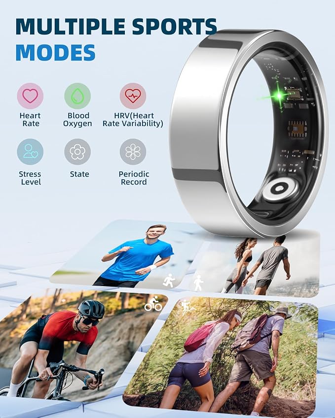 Smart Ring for Women Men Fitness Ring with Step Counting, Heart Rate, Blood Oxygen, Blood Pressure, Sleep Monitoring, IP68 Waterproof for iPhone and Android, No Subscription Fee,Silver 7#