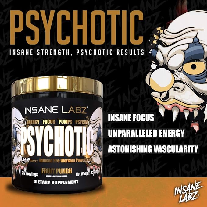 Insane Labz Psychotic Gold, High Stimulant Pre Workout Powder, Extreme Lasting Energy Focus, Pumps and Endurance with Beta Alanine, DMAE Bitartrate, NO Booster (35 Servings, Fruit Punch)
