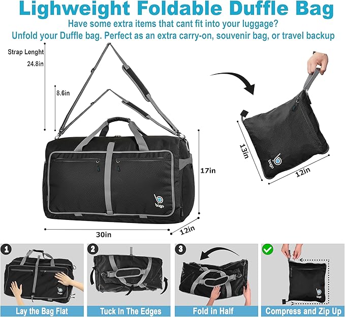 Bago Large Foldable Duffel Bags for Traveling Women & Men - 100L Packable Duffle Bag for Travel with Shoe Compartment - Water Repellant, Heavy Duty, Lightweight Folding & Collapsible (Black)