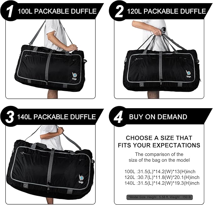Bago Large Foldable Duffel Bags for Traveling Women & Men - 100L Packable Duffle Bag for Travel with Shoe Compartment - Water Repellant, Heavy Duty, Lightweight Folding & Collapsible (Black)