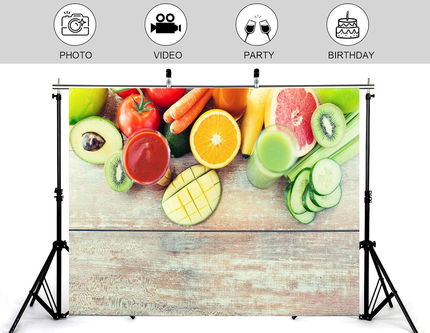 KeyWork 10x8ft Fresh Fruit Smoothie Backdrop Colorful Produce Wooden Table Photography Background for Healthy Themed