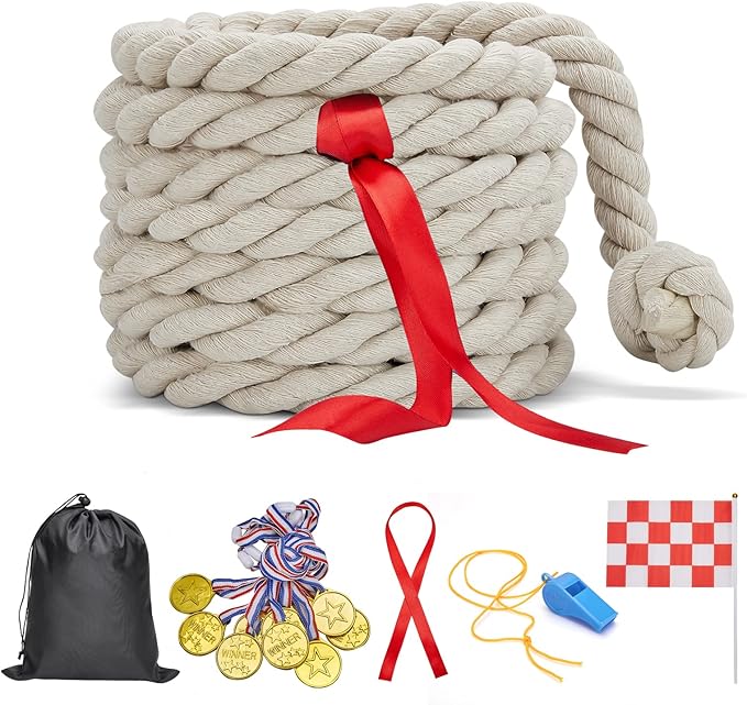 Tug of War Rope for Kids and Adults,Outdoor Field Day Family Reunion Birthday Party, Summer Outside Yard Backyard Lawn, Camping Picnic Carnival Games,Team Building (Off-White, 20FT)