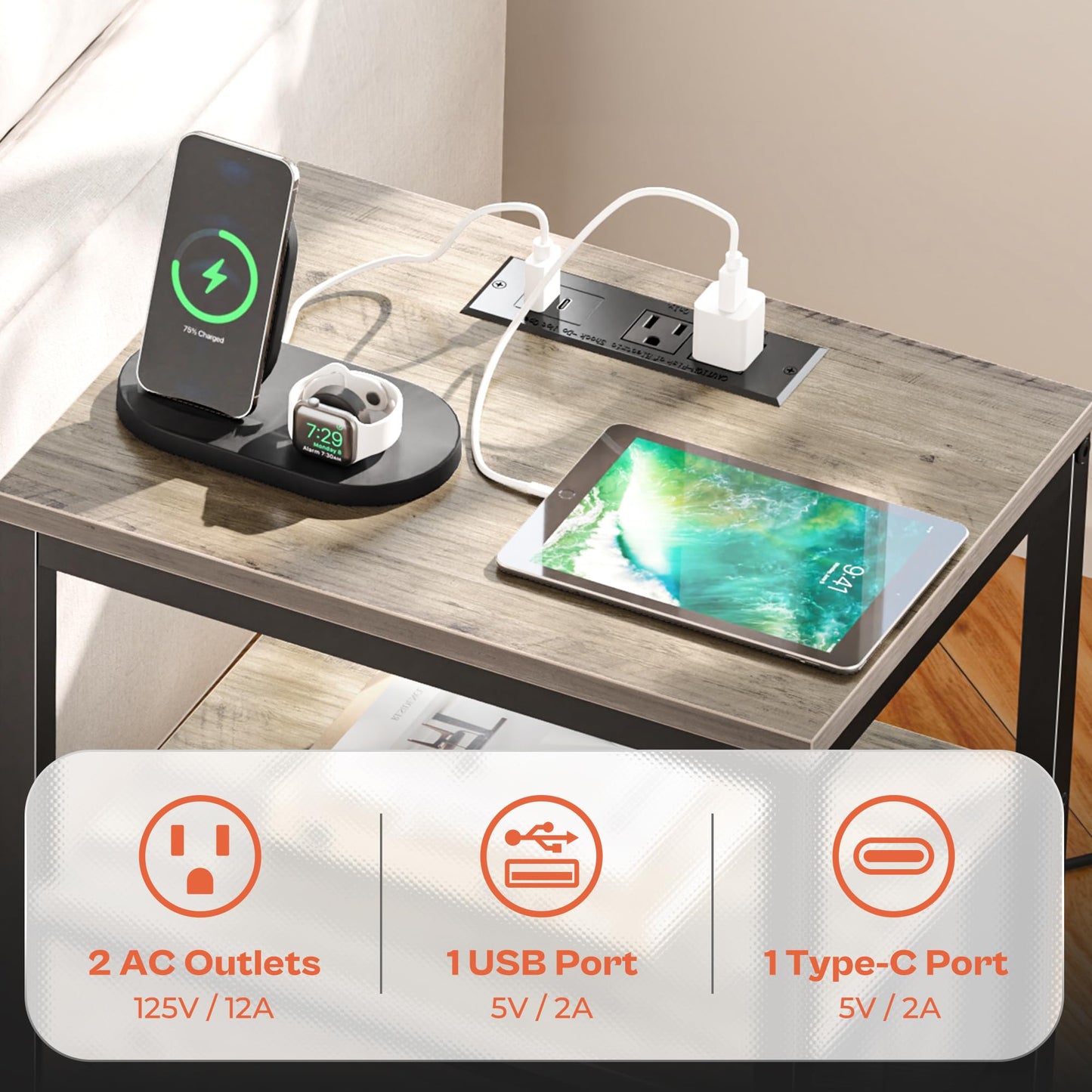 SUPERJARE Nightstand with Charging Station, Bed Side Table with Adjustable Fabric Drawer, Night Stand for Bedroom, 3-Tier Storage End Table, for Living Room, Oak