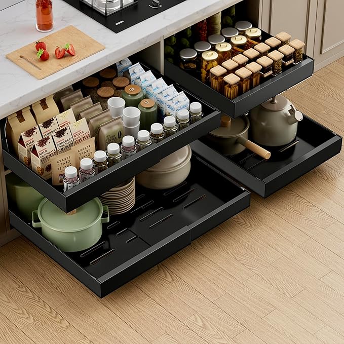 PAKETA 1 Pack Expandable Pull Out Cabinet Organizer, 21'' Deep Pull Out Drawers for Cabinets, Upgrade 3 Slide Rails Sliding Drawers for Cabinet with Adhesive Nano Film (Black)