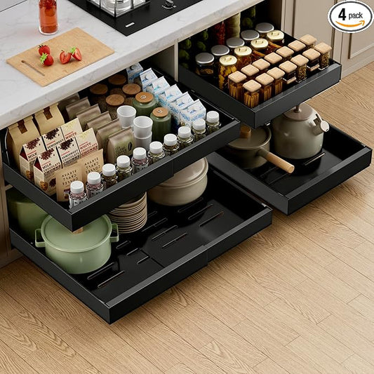 PAKETA 4 Pack Expandable Pull Out Cabinet Organizer, 21'' Deep Pull Out Drawers for Cabinets,Upgrade 3 Slide Rails Sliding Drawer for Kitchen Cabinet Organizer with Adhesive Nano Film (Black)