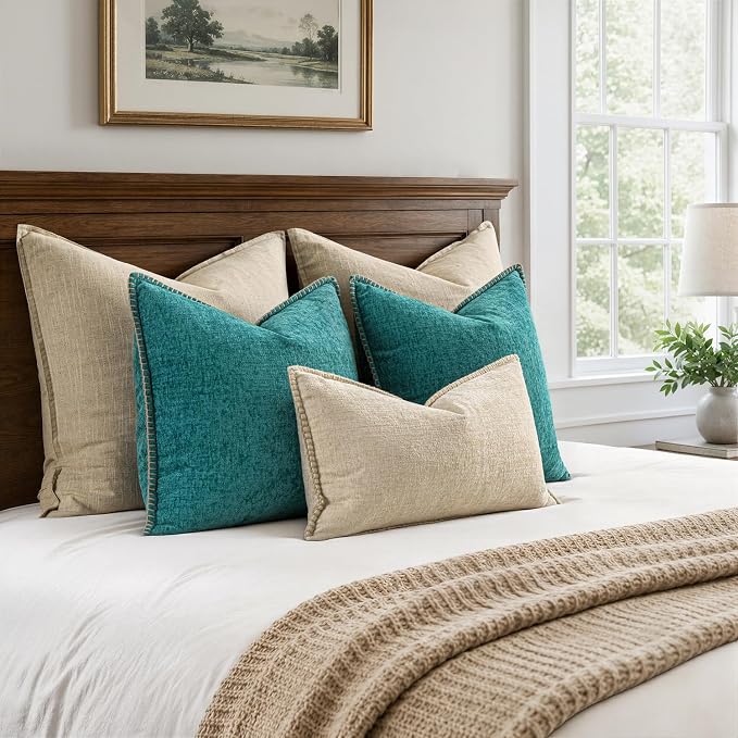 MIULEE Pack of 2 Couch Throw Pillow Covers 18x18 Inch Teal Farmhouse Decorative Pillow Covers with Stitched Edge Soft Chenille Solid Dyed Summer Pillow Covers for Sofa Bed Living Room