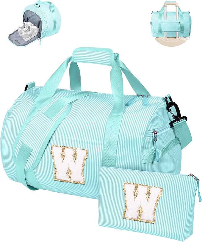 Teen Girls Gifts, Girl Gym Bag, Kids Initial Overnight Duffel Bags with Shoe Compartment, Personalized Travel Bag with Makeup Pouch, Gift Ideas for Niece Daughter (Letter W)