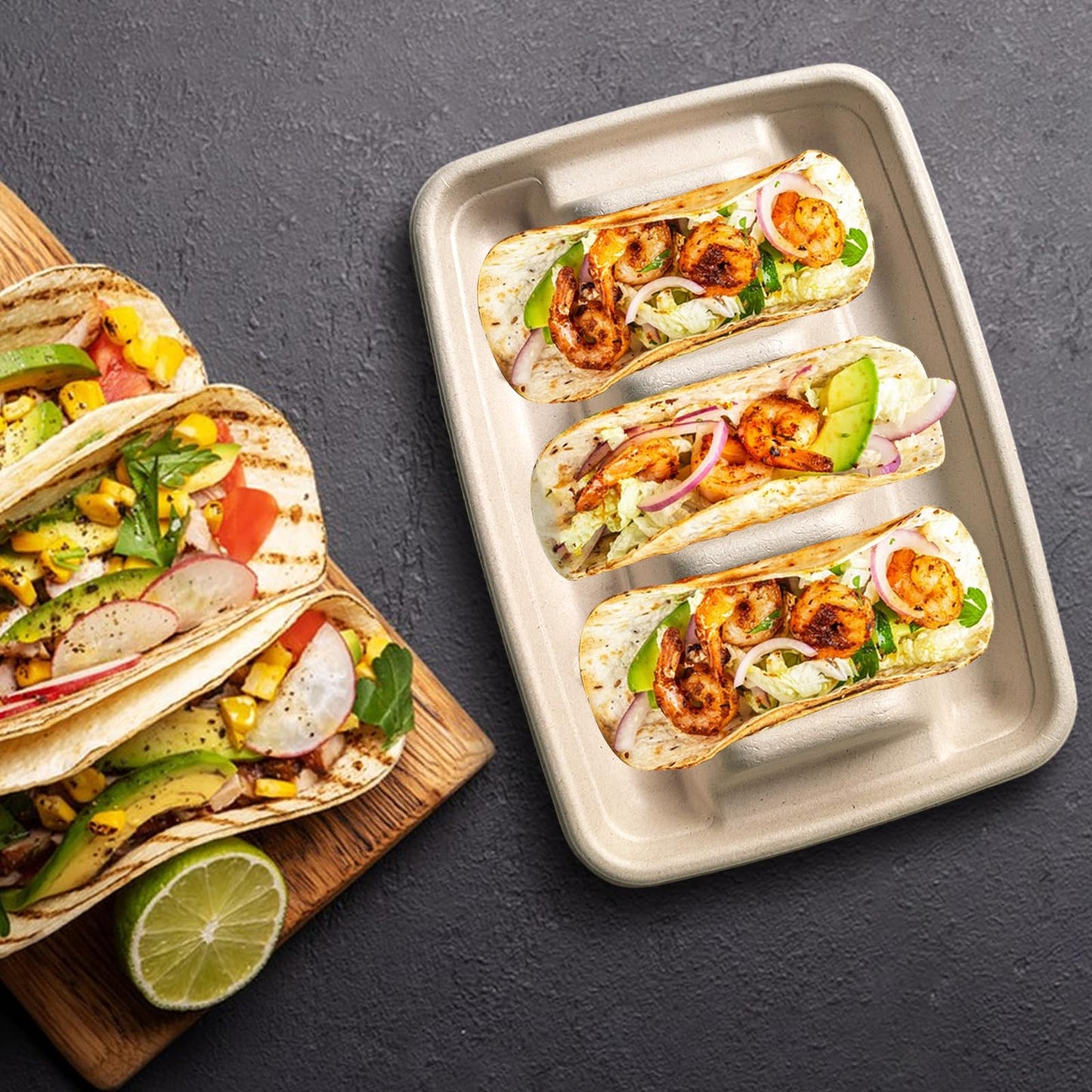 Sibosen 50PCS Disposable Taco Holder for Party，Disposable Taco Plates with 3 Dividers Disposable Taco Holders for Taco Tray Holder, Pulp Fiber Plates Disposable for Taco Tuesday Lazy Susan Taco Bar