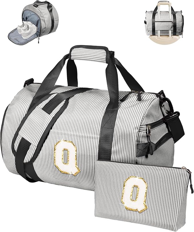 5 6 7 8 9 10 Year Old Girls Birthday Gift, Girl Gym Bag, Kids Monogram Overnight Duffel Bags with Shoe Compartment, Personalized Travel Bag with Makeup Pouch, Trip Gifts for Teen (Letter Q)
